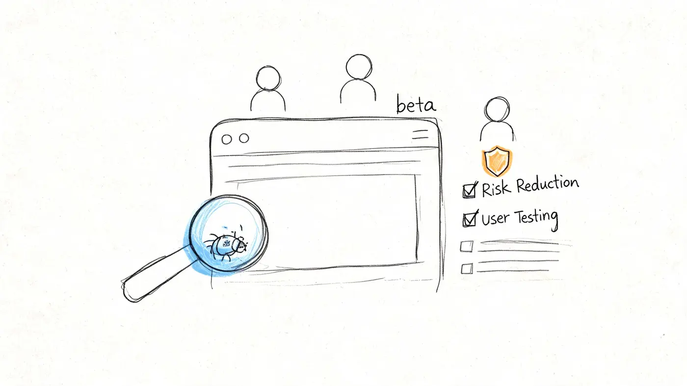 A hand-drawn sketch showing a magnifying glass over a software bug with beta testing and risk reduction labels.