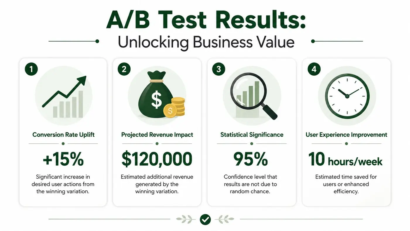 An infographic showing A/B test results including conversion rates, projected revenue, statistical significance, and user efficiency gains.