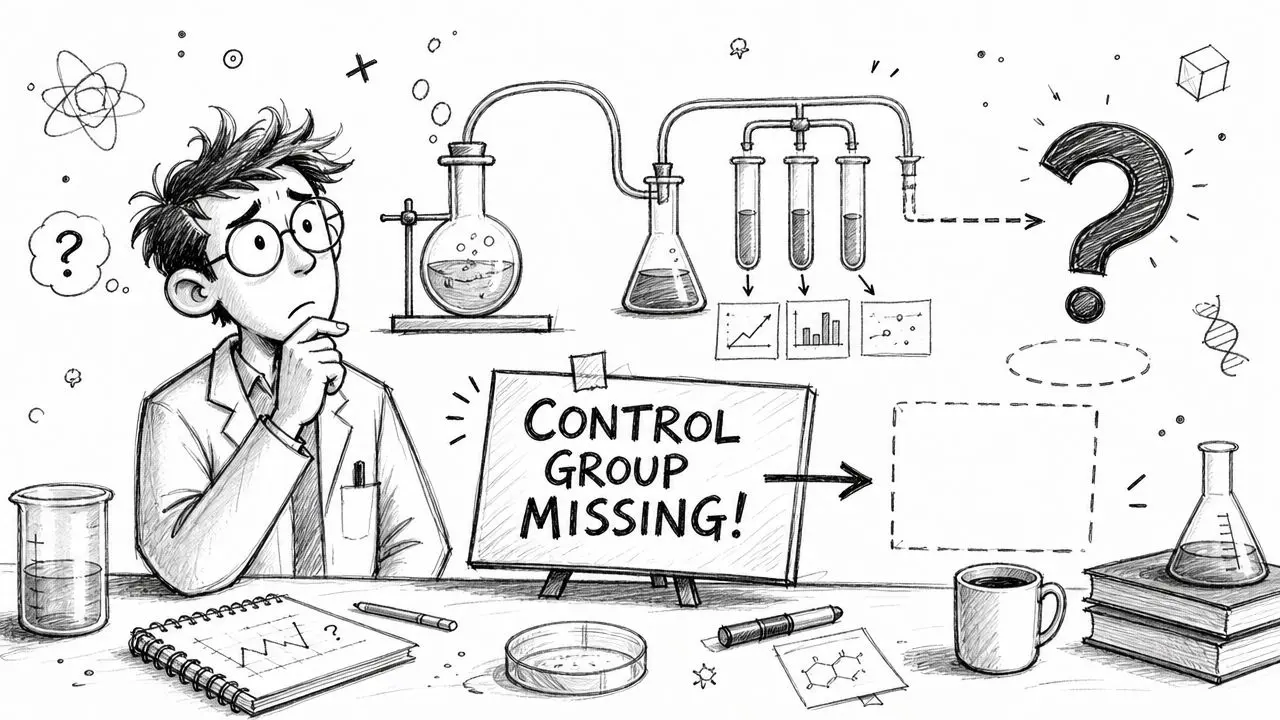 A scientist looking thoughtful in a lab setting with a sign that says Control Group Missing.