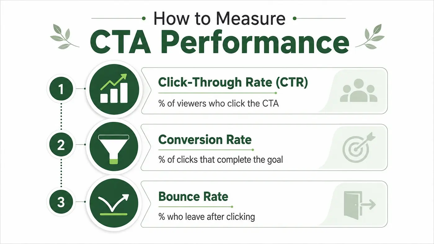 A diagram illustrating three key metrics for measuring call to action performance: CTR, conversion rate, and bounce rate.