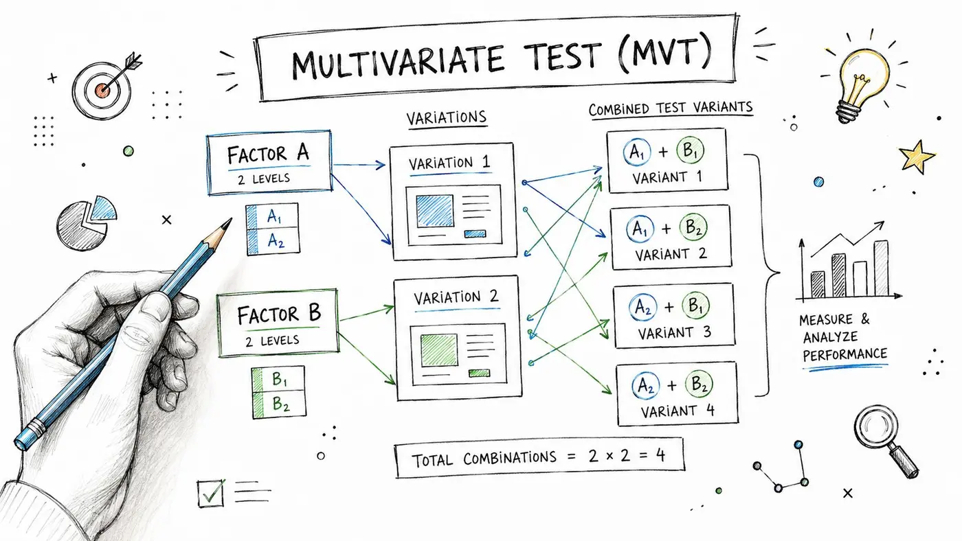 A hand-drawn diagram illustrating multivariate testing with factors, variations, and combined test variants for performance analysis.