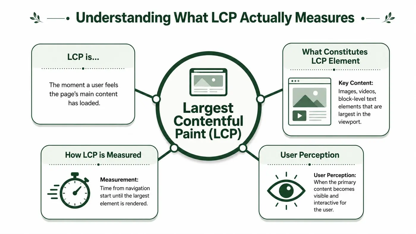 An infographic titled Understanding What LCP Actually Measures explaining the Largest Contentful Paint metric for web performance.