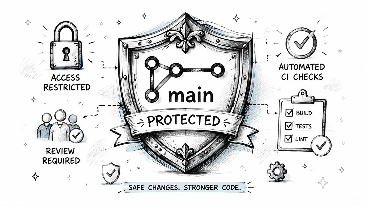 A hand-drawn illustration showing a protected main branch in GitHub, featuring security, code review, and automated checks.