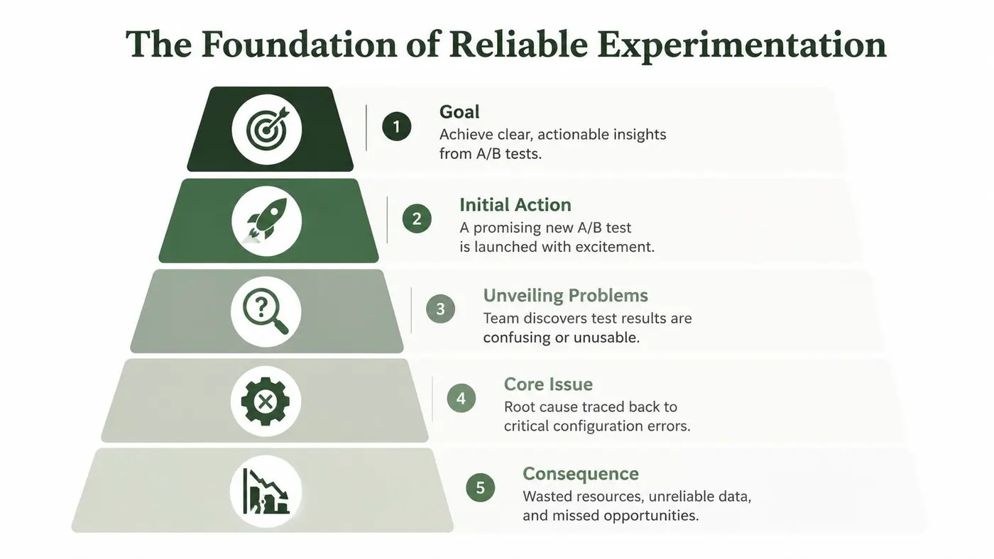 A pyramid diagram showing the five steps of reliable experimentation, from setting goals to the consequences of errors.