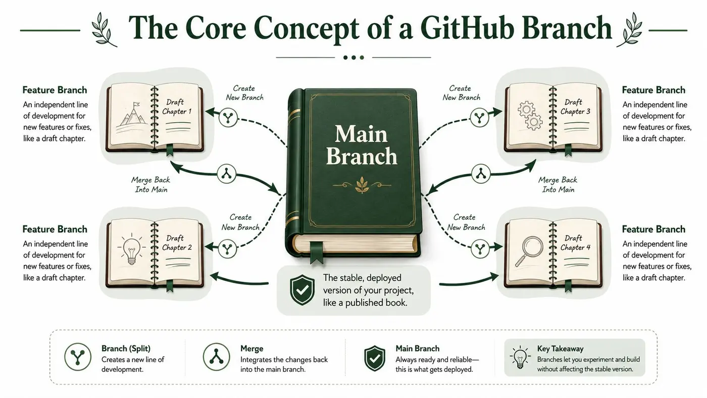 An infographic explaining the GitHub branch concept using a book metaphor to show feature and main branches.