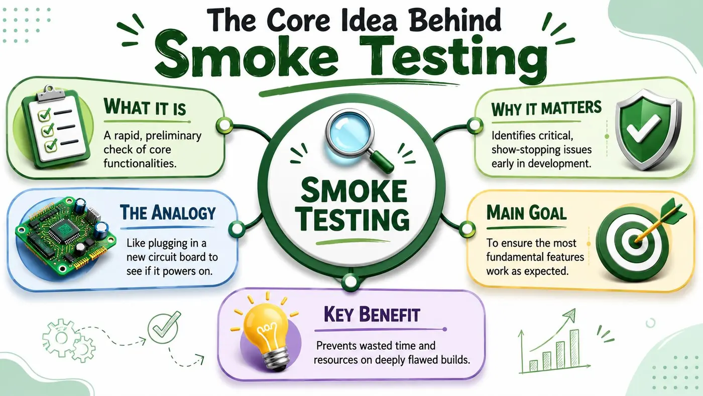 An infographic titled The Core Idea Behind Smoke Testing, explaining its purpose, analogy, benefits, and primary goals.
