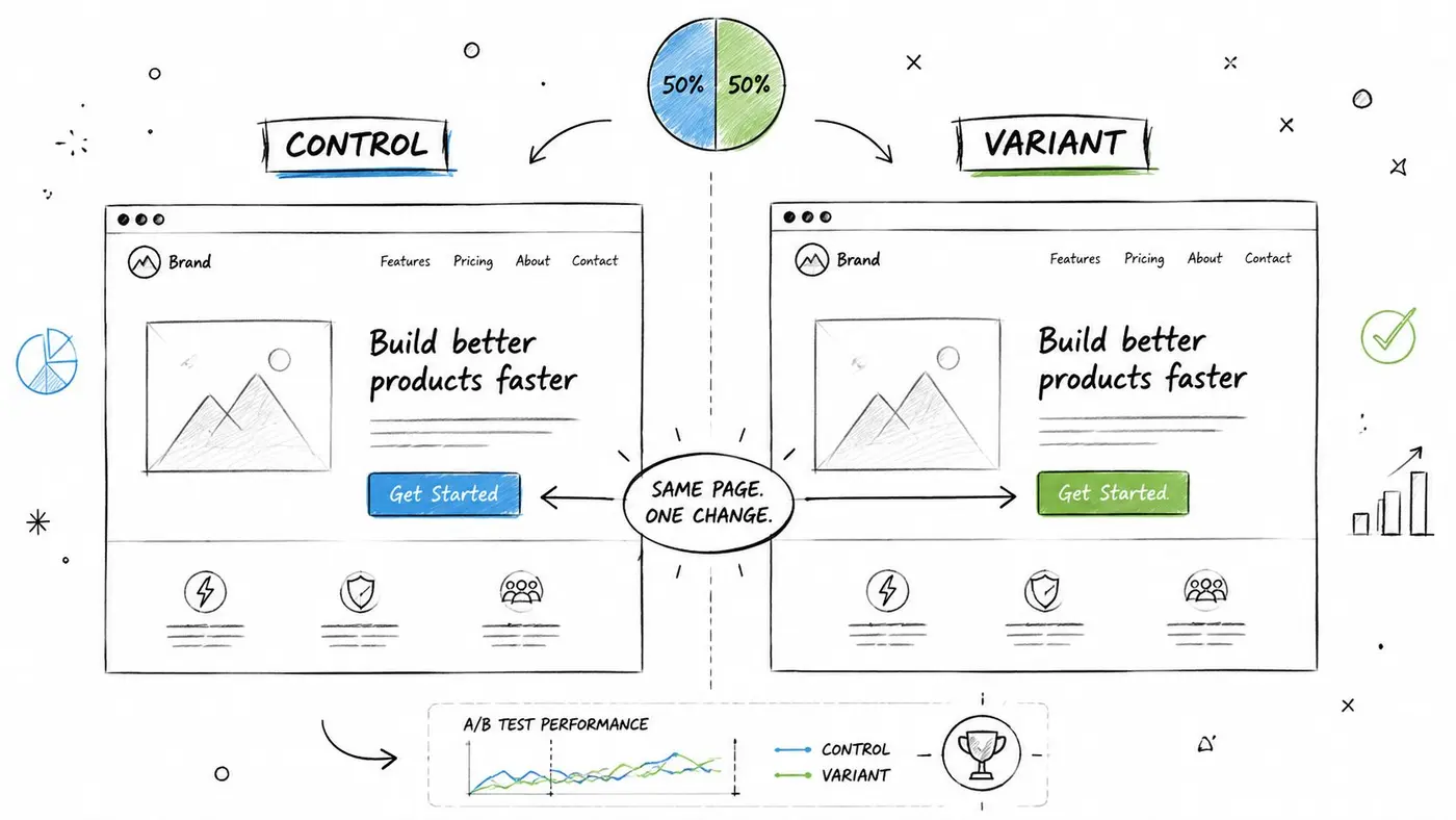 An educational illustration showing a split test design process comparing a control webpage to a variant webpage.