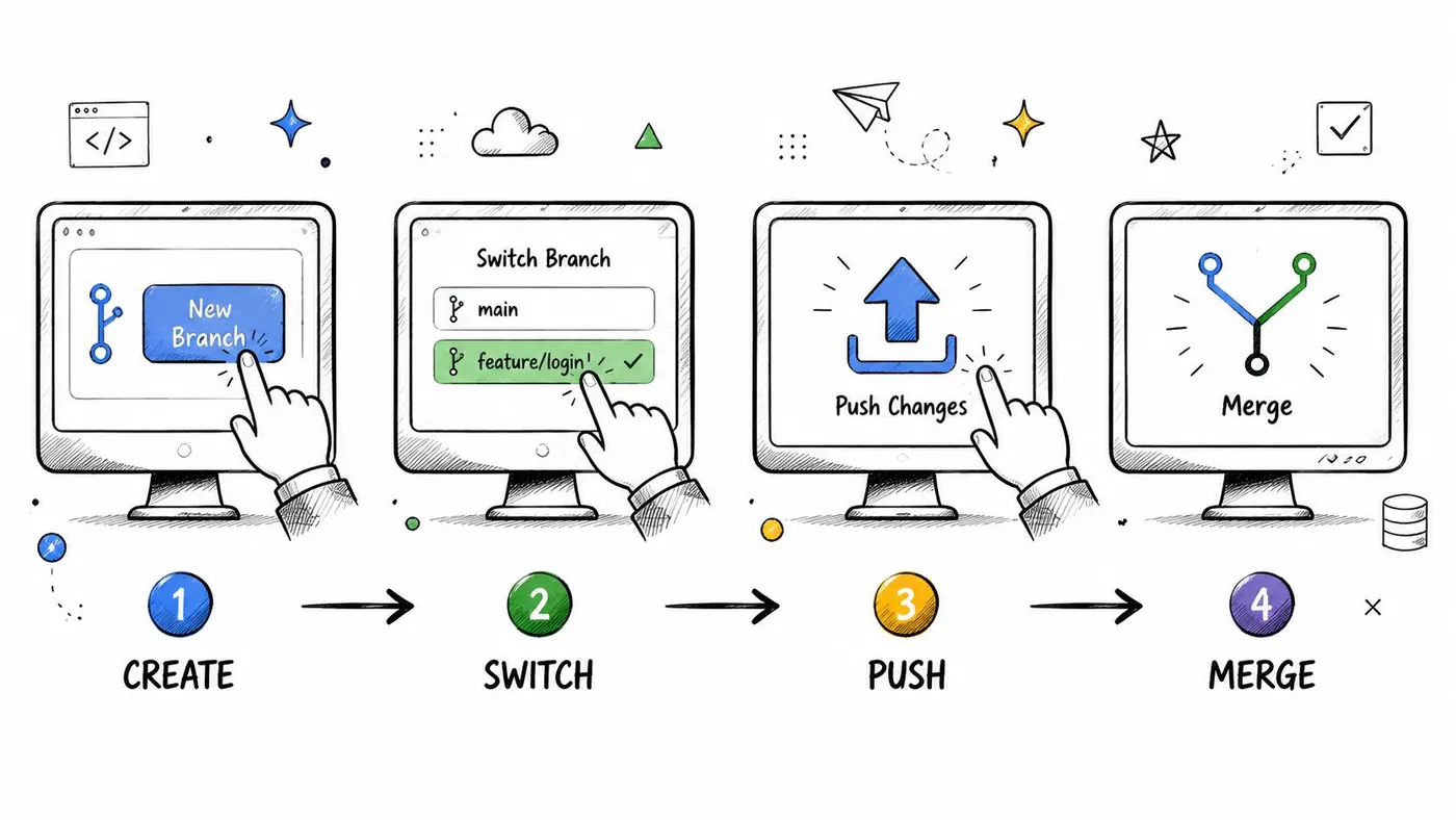 A hand-drawn illustration showing the four steps of Git version control: create, switch, push, and merge.