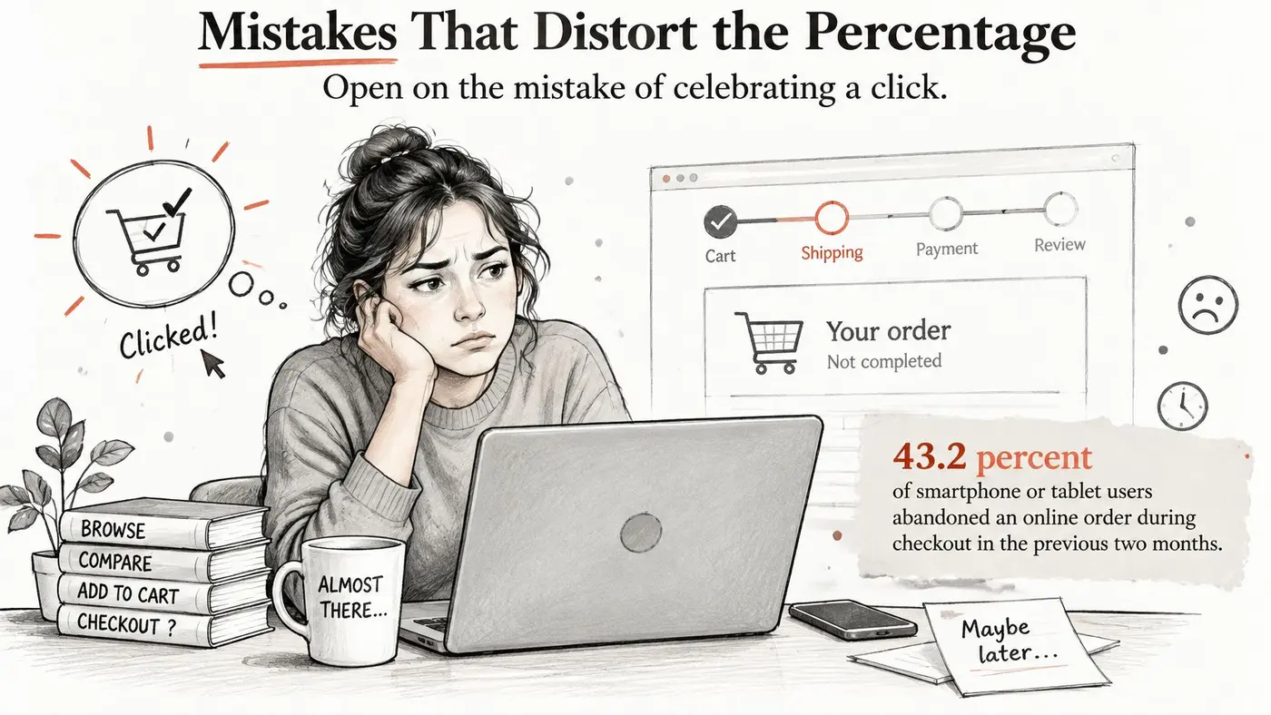 A woman looks concerned at a laptop illustrating online shopping checkout abandonment and low conversion rates.