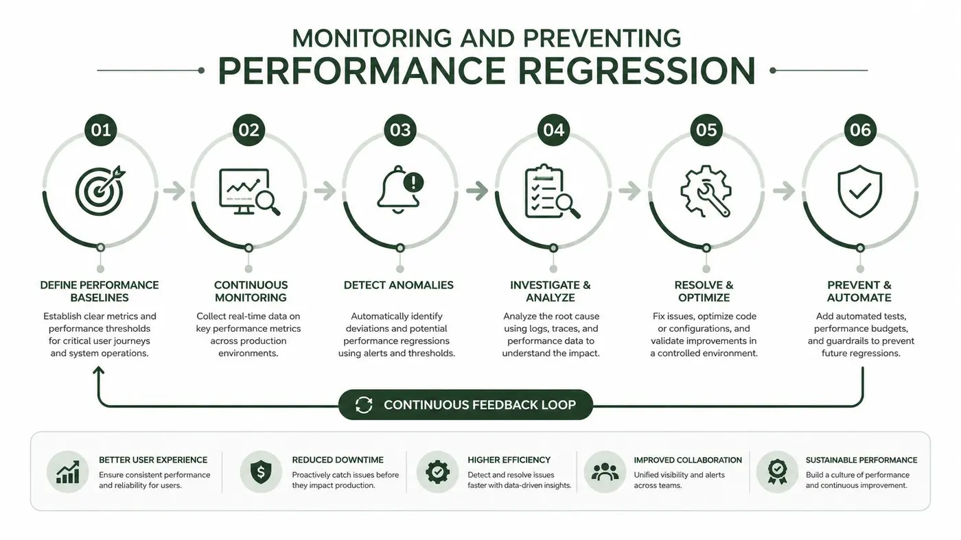 A six-step infographic illustrating the process for monitoring and preventing software performance regressions in systems.