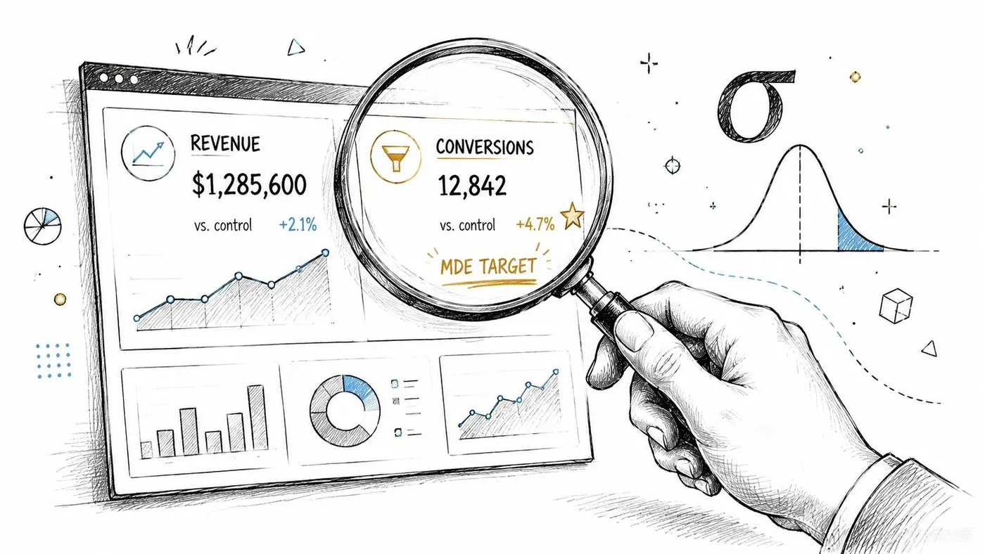 A hand holds a magnifying glass over a digital dashboard displaying business performance analytics and statistics.