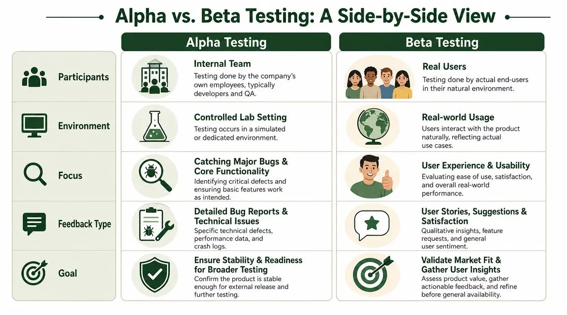 A comparison chart outlining key differences between Alpha testing and Beta testing for software development processes.