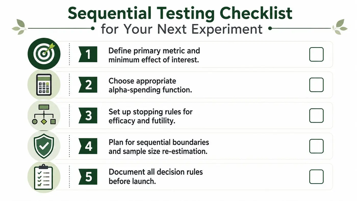 A five-step checklist for sequential testing in experiments, featuring icons for planning and documentation.
