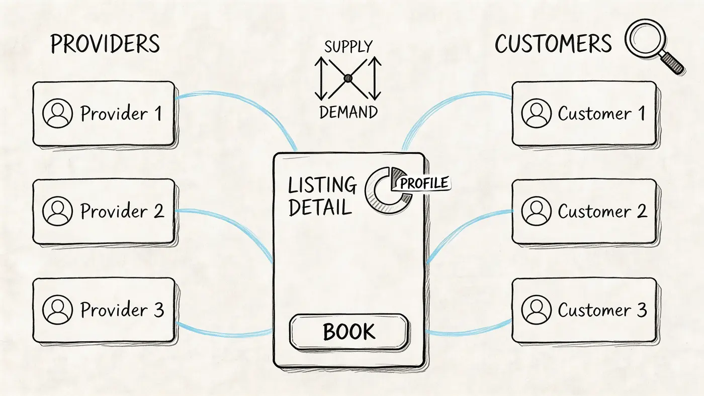 A hand-drawn diagram illustrating the connection between service providers and customers via a central listing detail platform.
