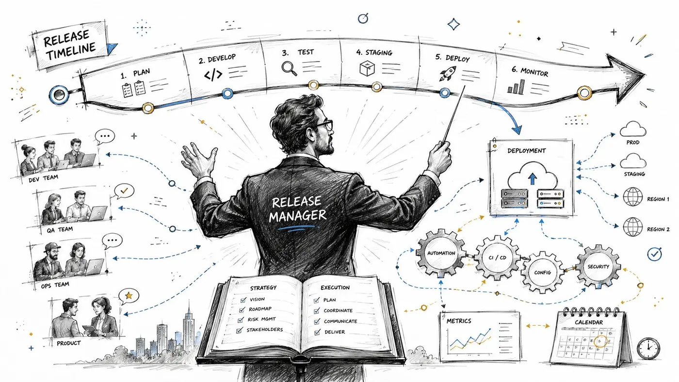 A professional release manager orchestrating a complex software development lifecycle with teams, deployment processes, and strategic planning.
