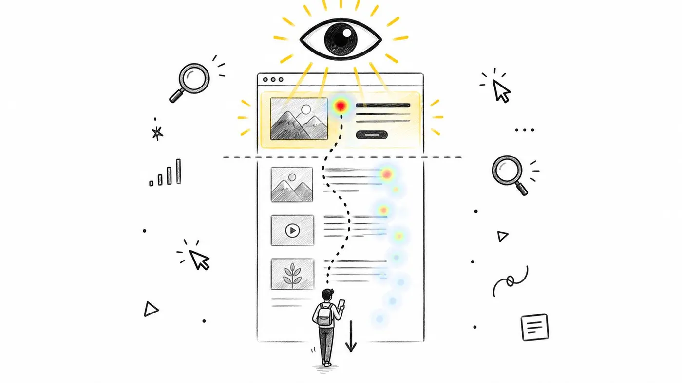 A hand-drawn illustration showing a person scrolling down a webpage while eye tracking heatmap data is collected.