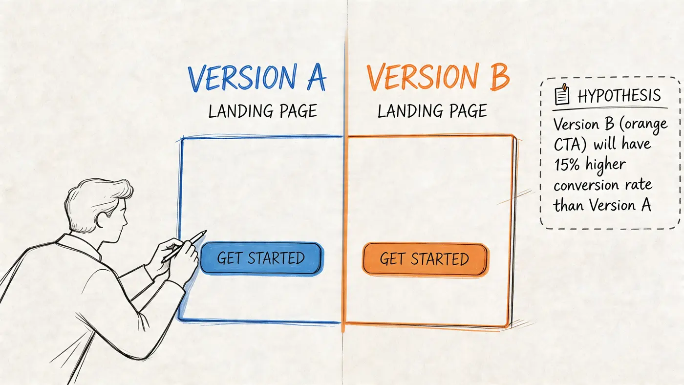 A hand-drawn illustration showing an A/B test comparison between two landing pages with different button colors.
