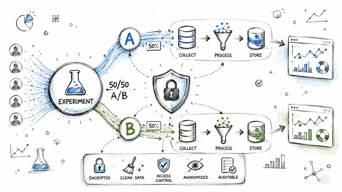 A hand-drawn illustration showing a data-driven A/B testing workflow with security and privacy integration.
