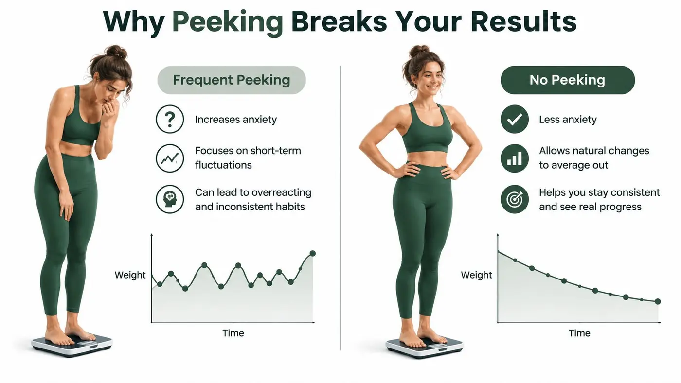 Comparison of frequent versus infrequent weight tracking, showing how behavior impacts anxiety and long-term health progress.