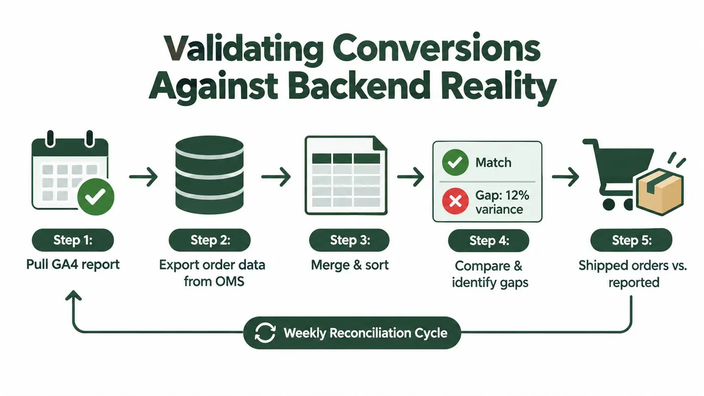 A diagram illustrating a five-step workflow for validating conversion data against actual backend order records.
