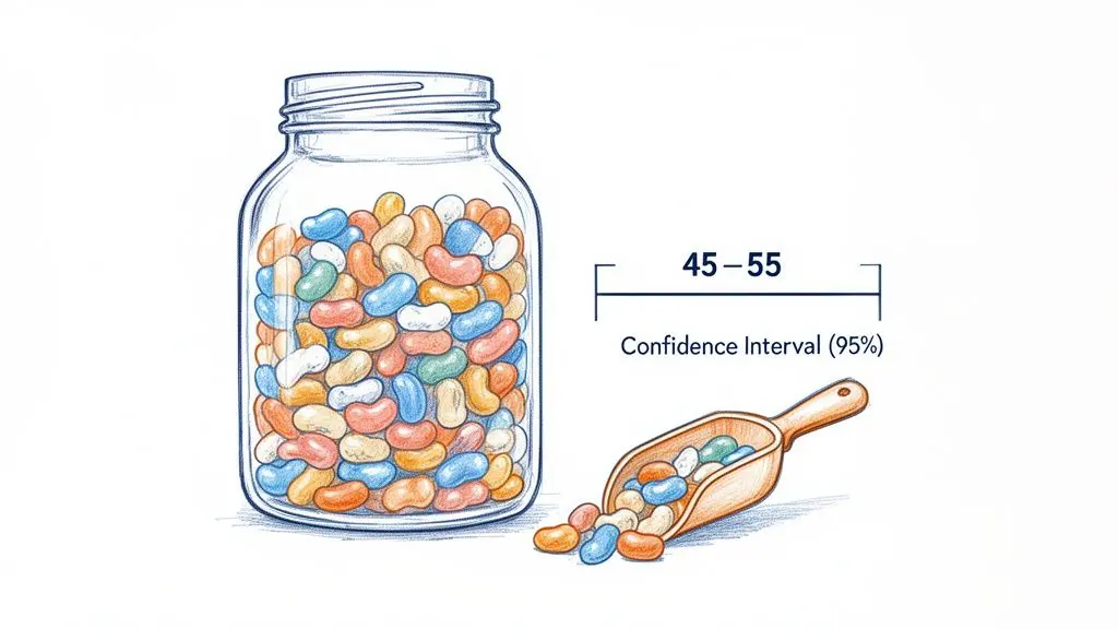 An illustration showing a jar of jelly beans, a scoop, and a 95% confidence interval range (45-55).