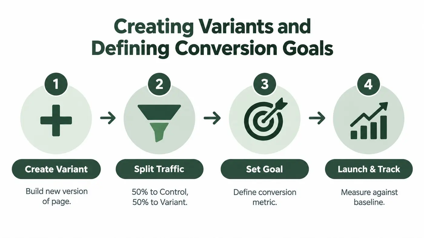 A four-step infographic illustrating the process of creating website variants and defining conversion goals for testing.