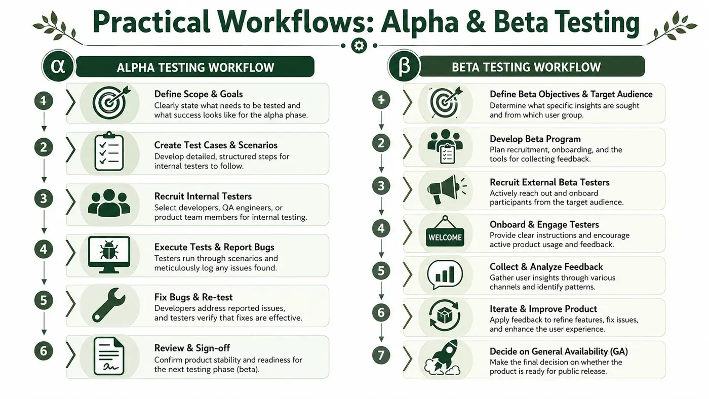 A diagram comparing alpha and beta testing workflows for software development, showing step-by-step procedures for each.