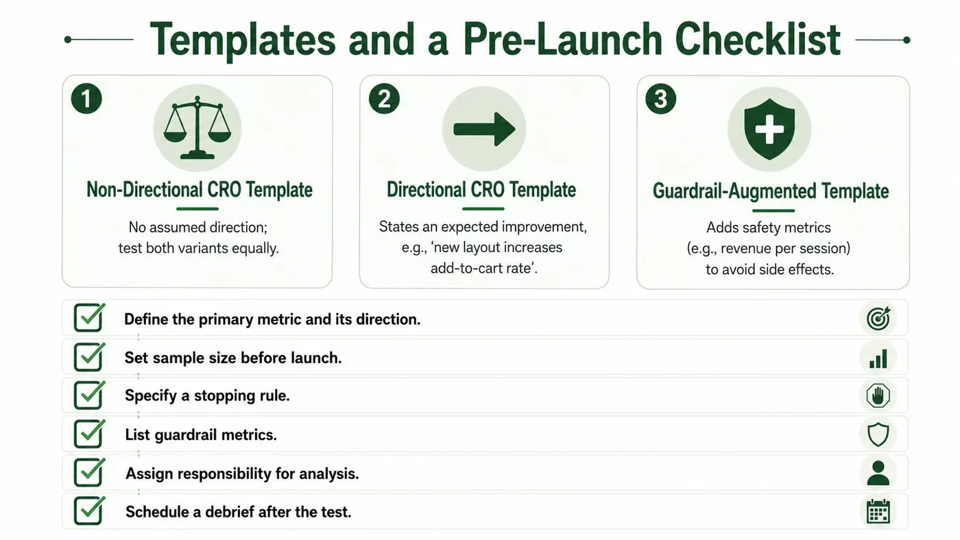 A diagram illustrating three CRO templates and a pre-launch checklist for website testing and optimization strategy.