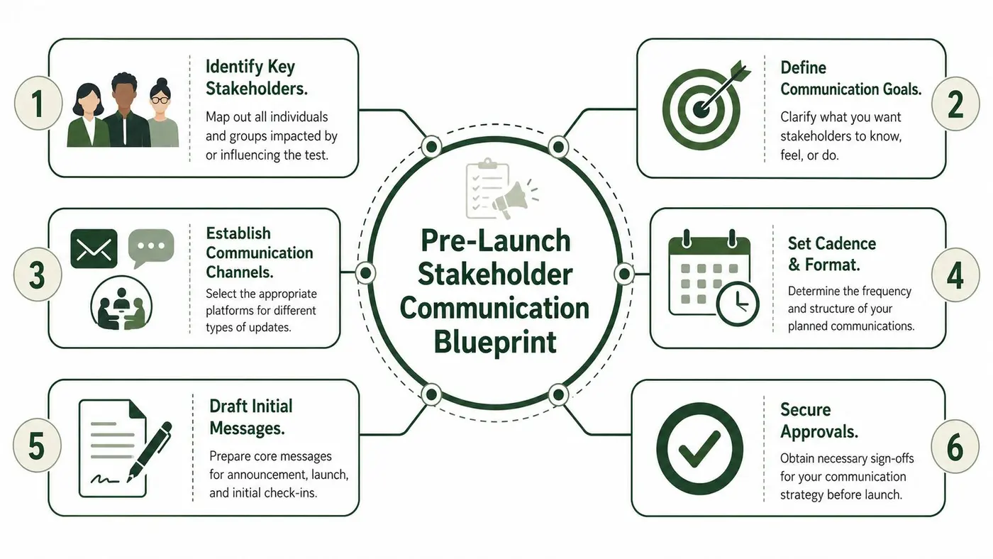 A six-step infographic outlining a pre-launch stakeholder communication blueprint for effective project management and team alignment.