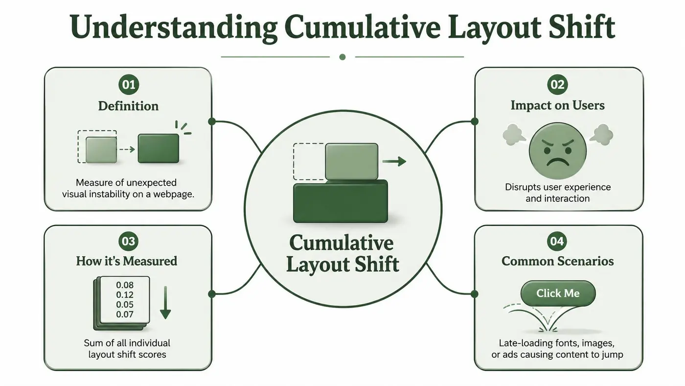 An infographic explaining Cumulative Layout Shift with four key sections covering definition, impact, measurement, and common scenarios.