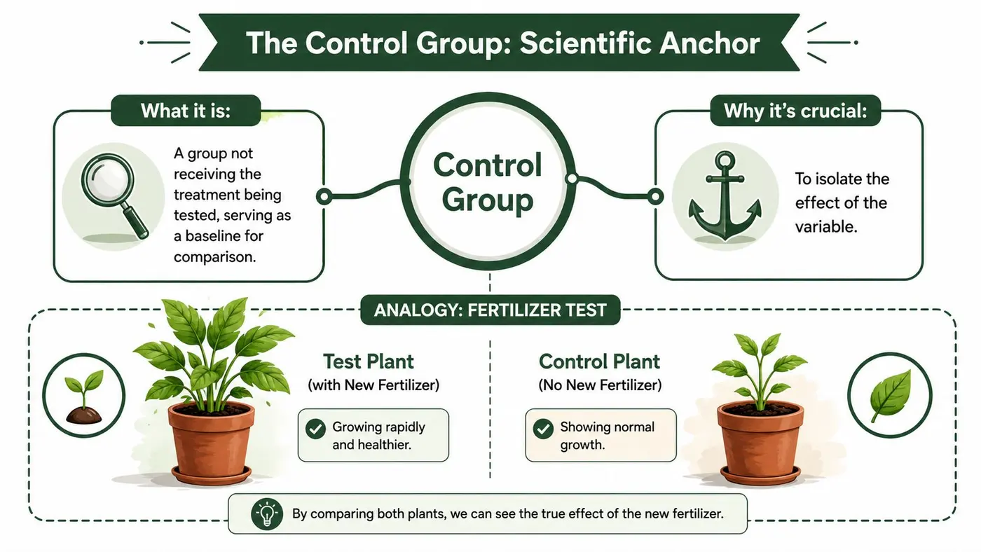An infographic explaining the scientific control group concept using a fertilizer plant experiment as an analogy.
