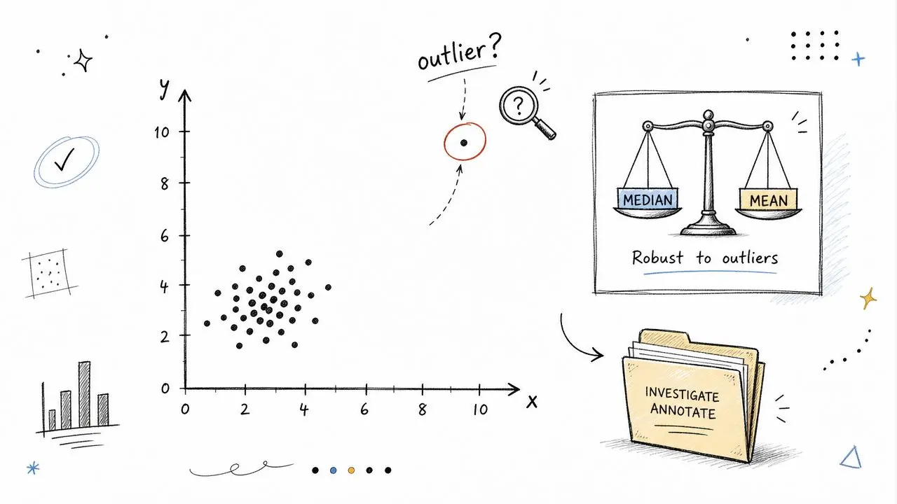 A hand-drawn illustration depicting a scatter plot with an outlier point, a balance scale comparing median and mean, and a folder marked Investigate Annotate.
