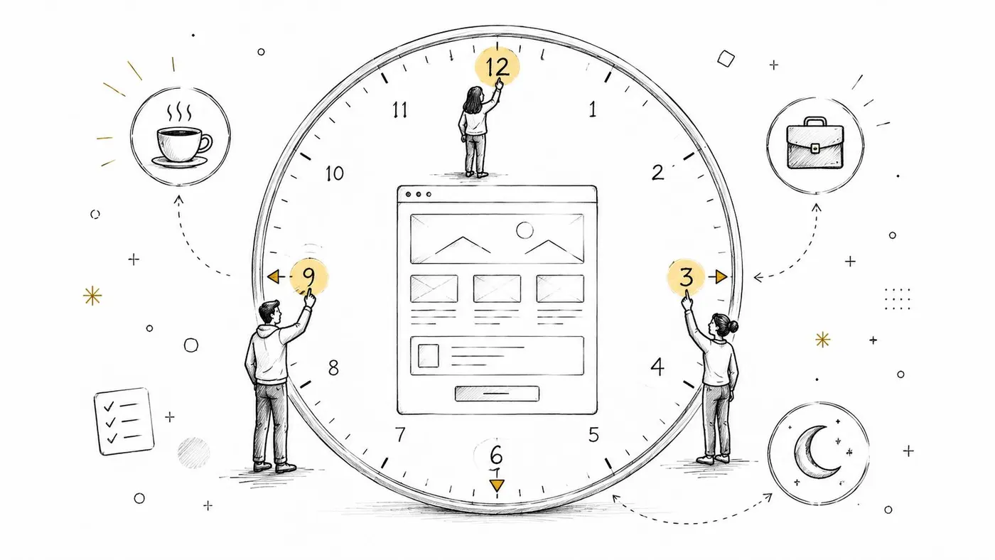 A conceptual sketch featuring three people interacting with a large clock face surrounding a central web design.