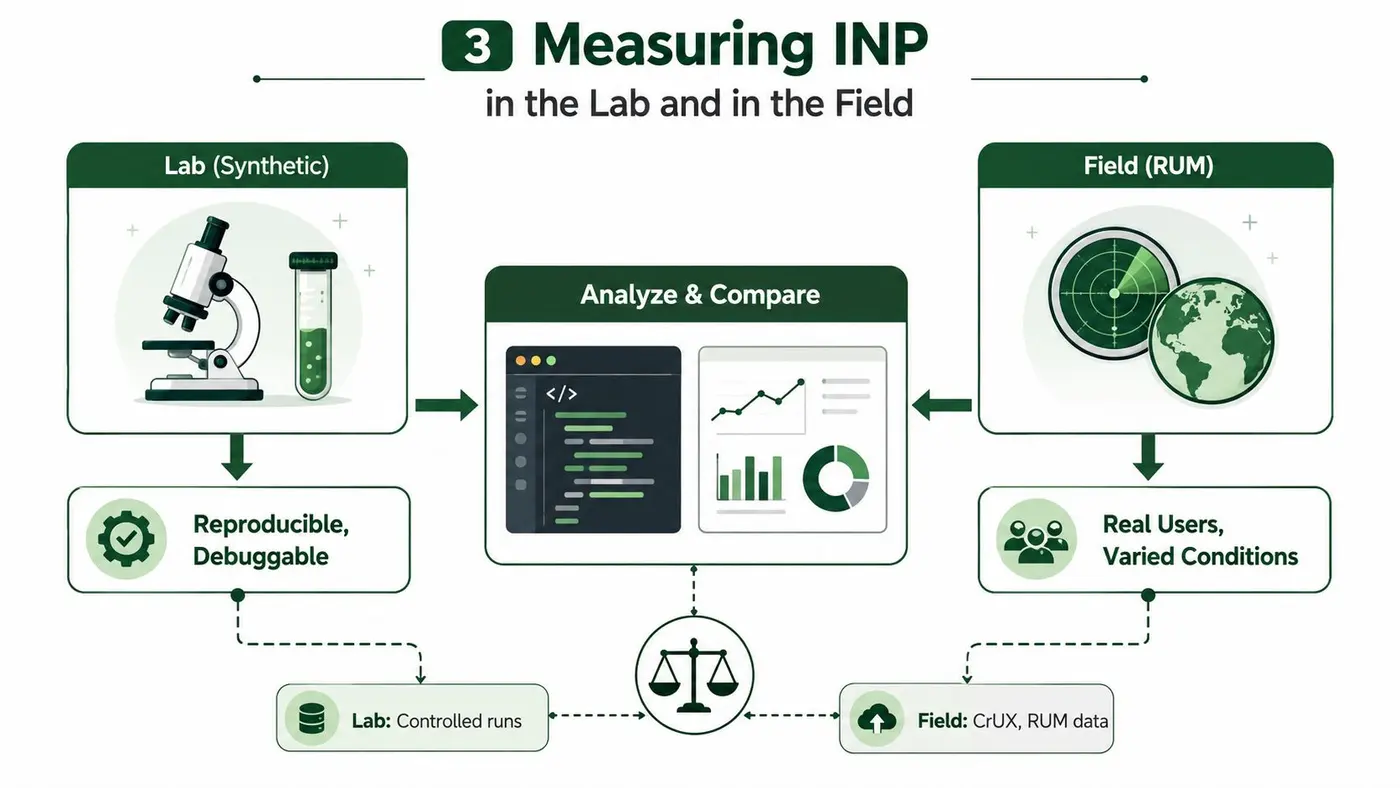 A diagram comparing lab-based synthetic testing and field-based real user monitoring for measuring INP performance metrics.