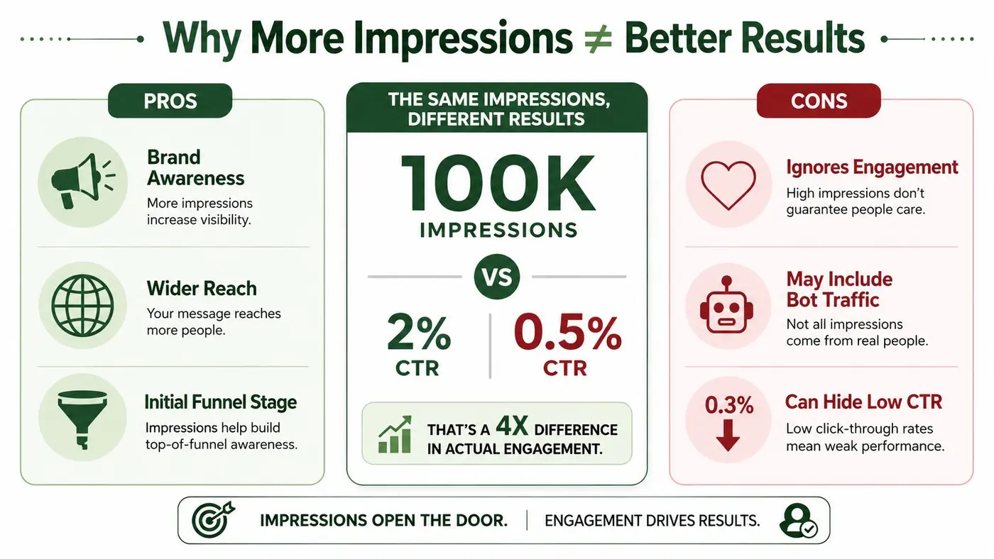 An infographic showing that high impression numbers do not automatically equate to better marketing performance results.