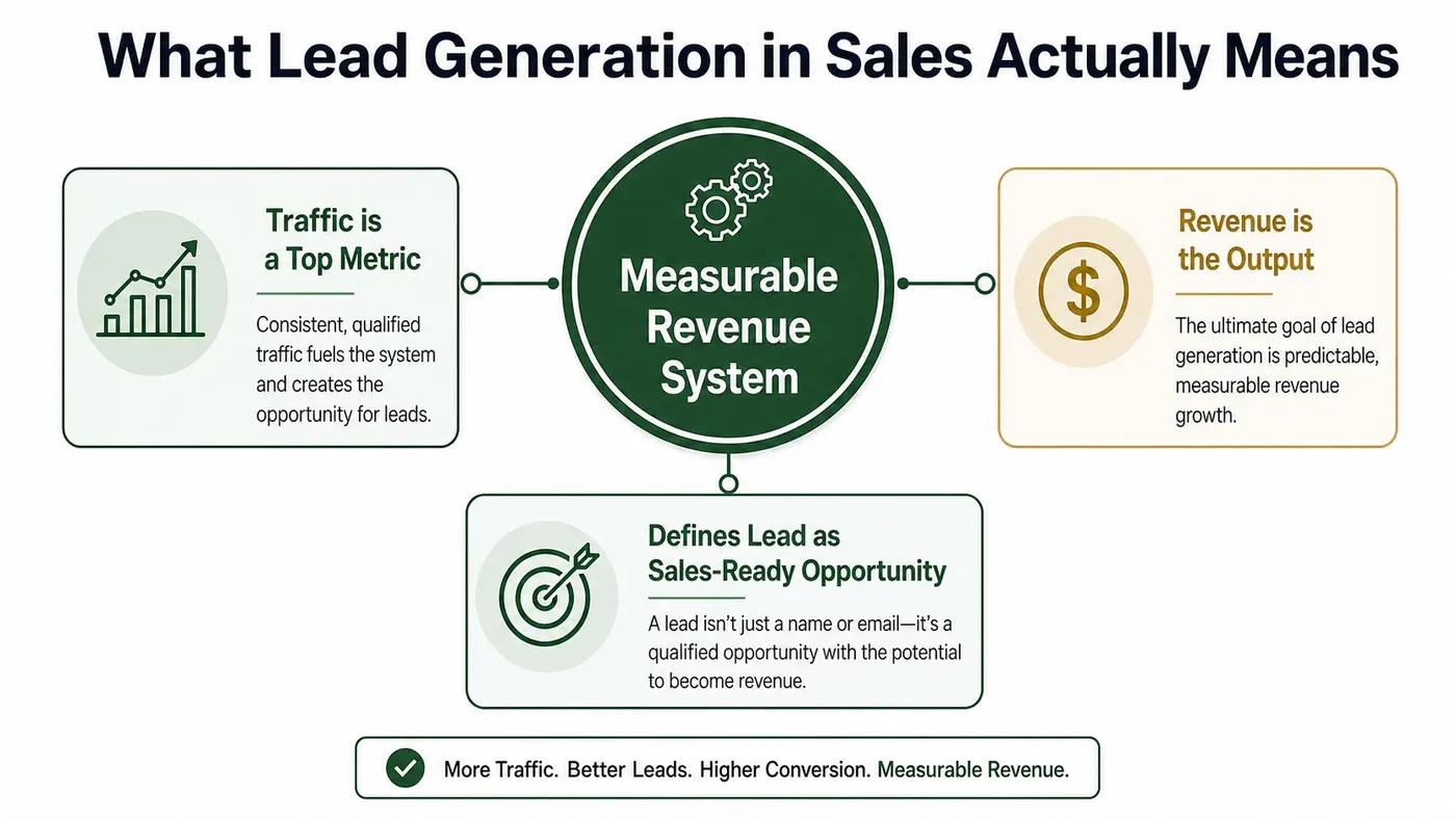 An infographic titled What Lead Generation in Sales Actually Means, featuring a central Measurable Revenue System.