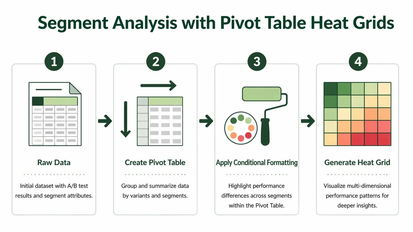 A four-step infographic illustrating how to create segment analysis using pivot table heat grids for data.