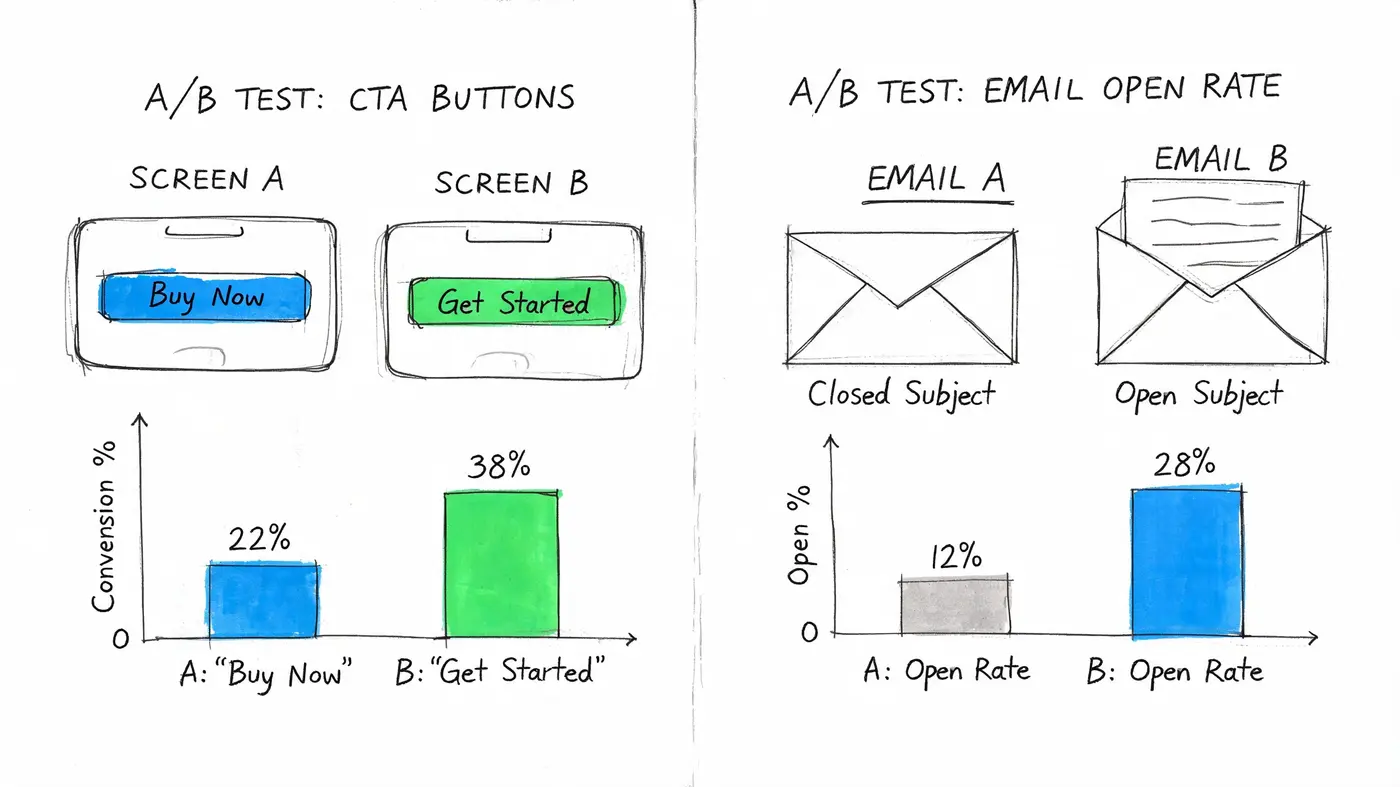 A diagram comparing two A/B tests: one for CTA button conversion rates and one for email open rates.