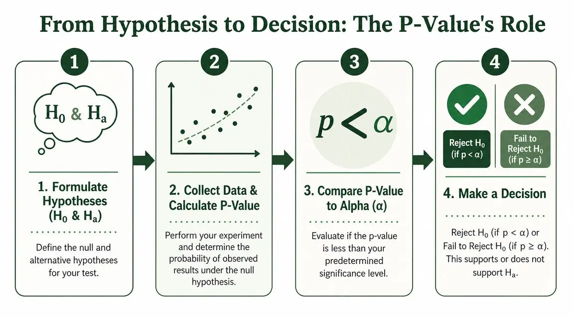 A four-step infographic illustrating the process of testing a hypothesis using p-values and significance levels.