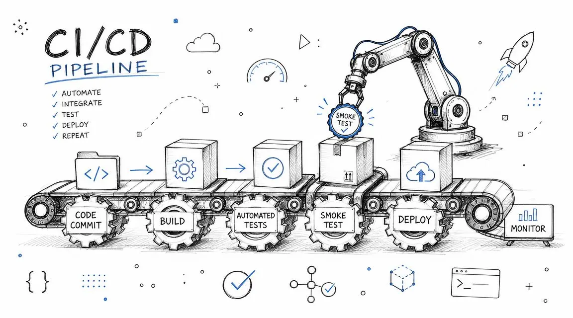 A hand-drawn illustration depicting a CI/CD pipeline featuring code commit, build, automated testing, smoke testing, and deployment stages.