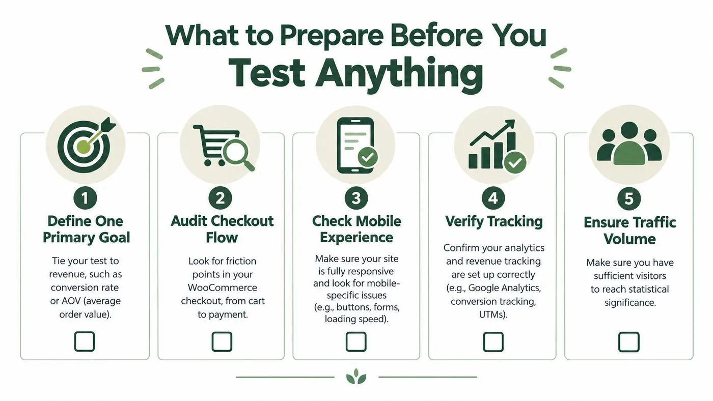A five-step checklist for e-commerce website preparation before performing A/B tests on a WooCommerce store.