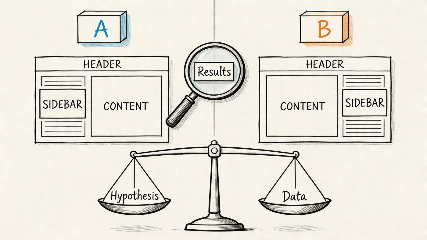 A conceptual illustration comparing two website layouts, A and B, using A/B testing methodology and analysis.
