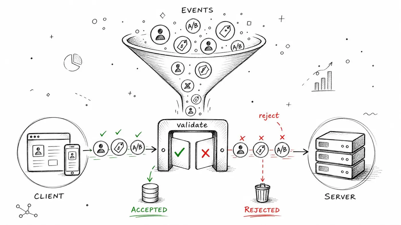 A hand-drawn illustration showing data events being filtered, validated, accepted, and rejected before reaching a server.