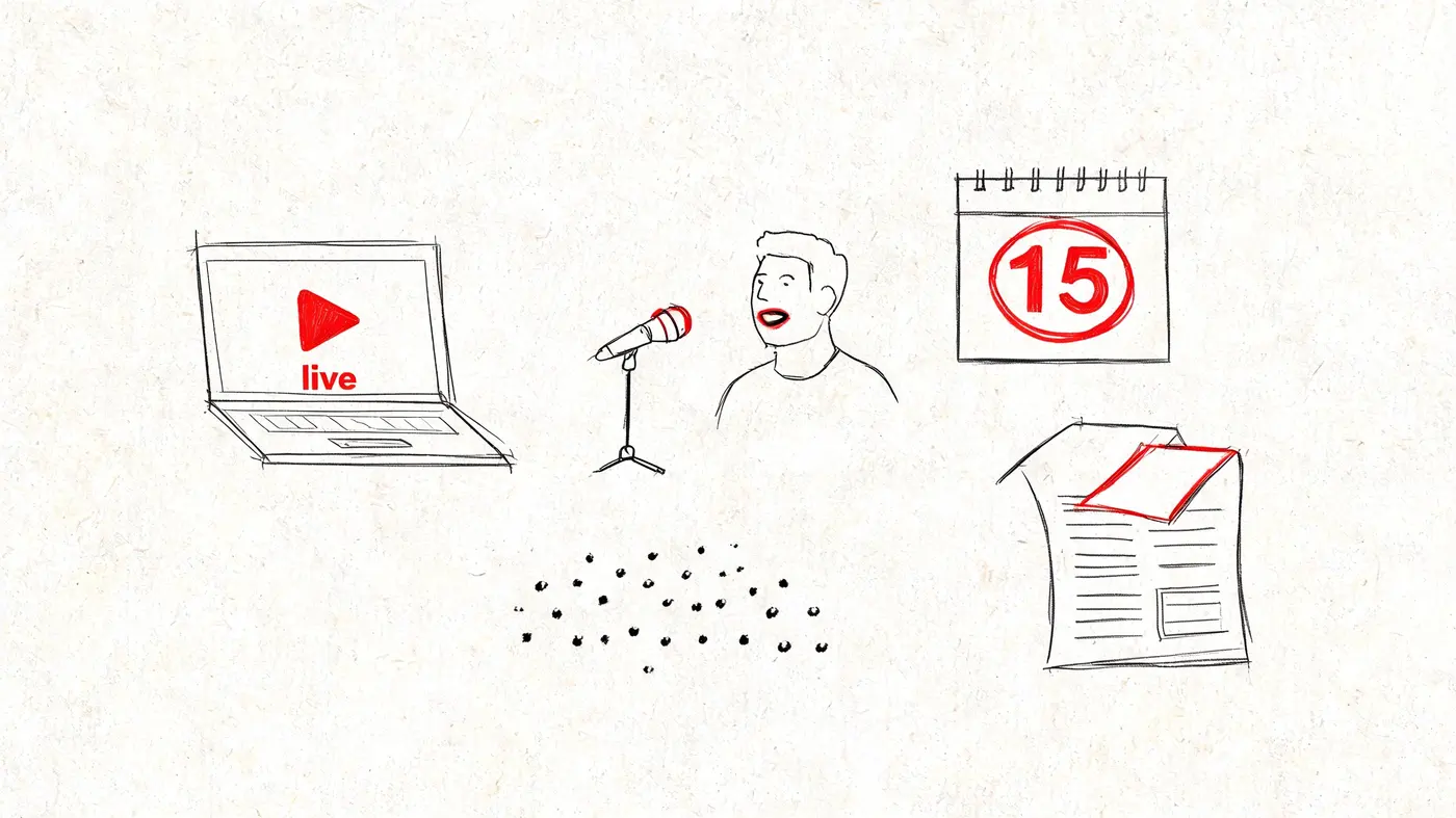 A hand-drawn sketch showing a laptop with live streaming, a speaker, a calendar date, and documentation.