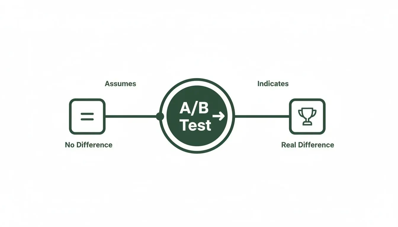 Diagram showing an A/B test assumes no difference and indicates a real difference.
