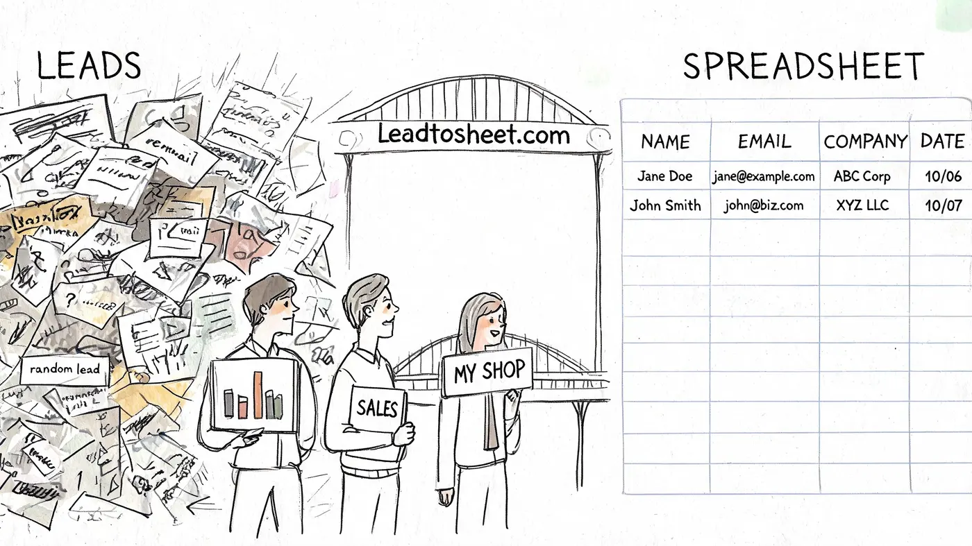 A hand-drawn illustration showing messy lead papers being organized into a neat business spreadsheet via leadtosheet.com.