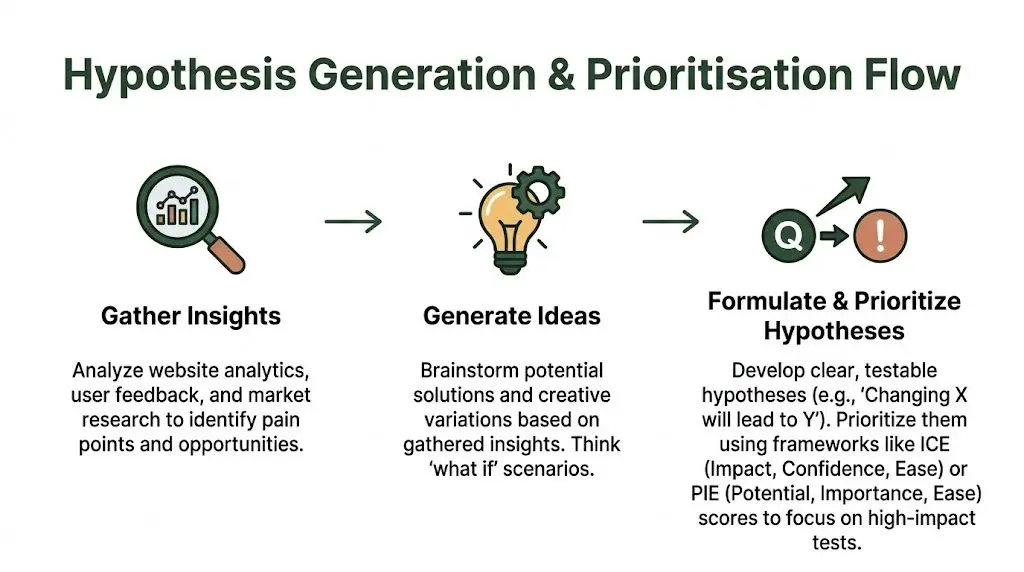 A diagram illustrating the three-step flow of hypothesis generation and prioritization for business strategy.