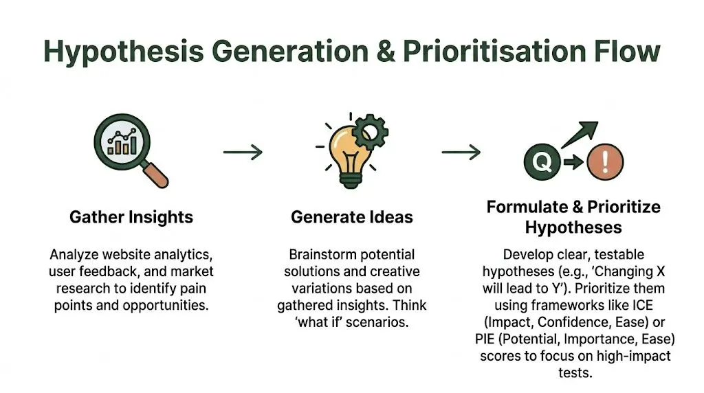 A diagram illustrating the three-step flow of hypothesis generation and prioritization for business strategy.