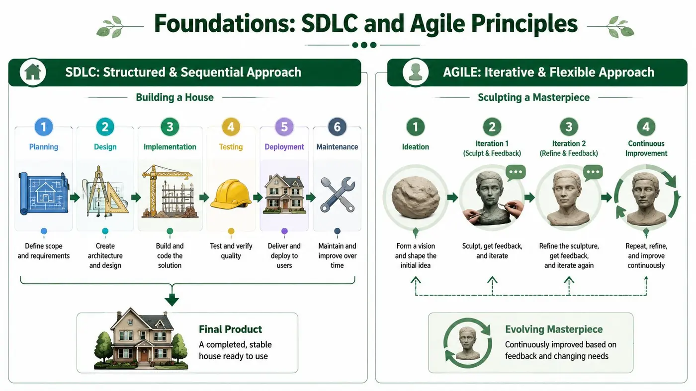An infographic comparing the structured SDLC sequential approach with the iterative and flexible Agile methodology.