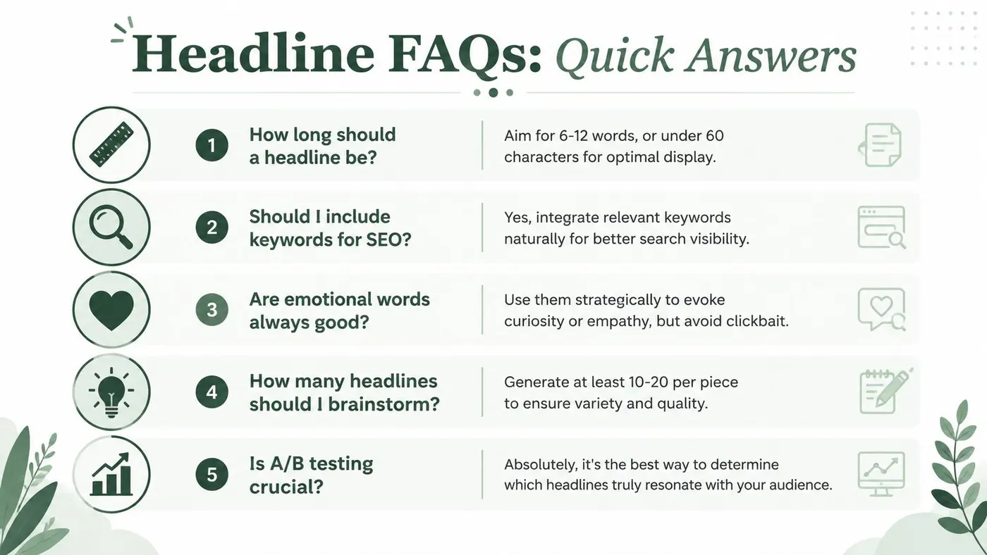 A helpful infographic titled Headline FAQs: Quick Answers showing five tips for writing effective digital headlines.